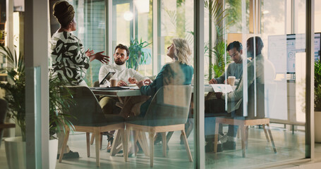 People, presentation or feedback in office for finance, budget review or company growth at tech. Workshop, meeting or woman speaker with info for economy report, stats or business coaching in seminar