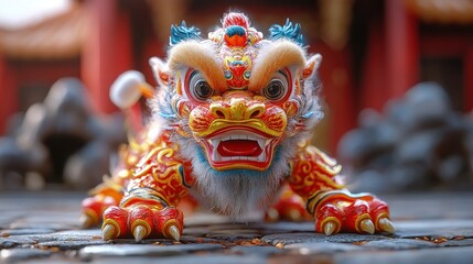 A colorful lion statue representing cultural heritage and tradition.