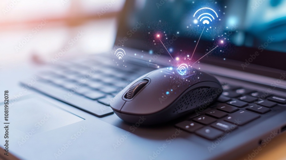 Aufkleber Wireless Technology Connection Concept with Computer Mouse and Laptop, Representing Online Communication and Networking Innovations in Modern Workspace