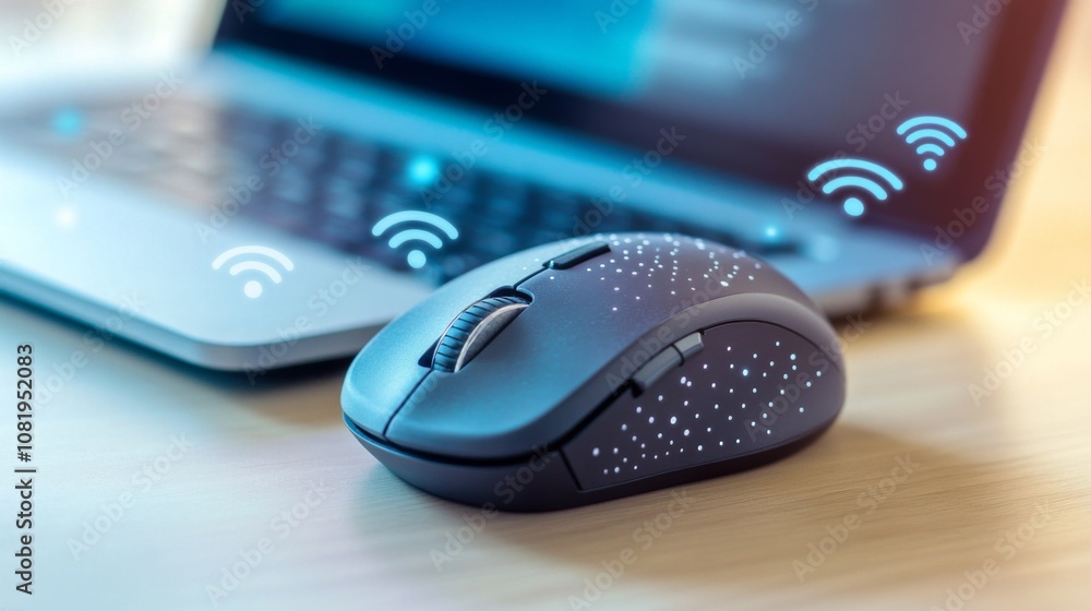 Aufkleber Wireless Mouse and Laptop with Connecting Signals, Modern Technology Setup in a Bright Workspace with Soft Light Enhancing Product Features and Functionality