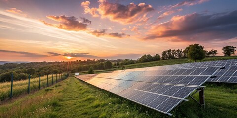 Stunning Solar Panels on a Vibrant Solar Farm Against a Breathtaking Sunset, Emphasizing the Beauty of Green and Renewable Energy Concepts in Nature