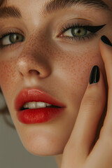 Close-up photo of a beautiful young woman's face with fresh and smooth skin and red lips