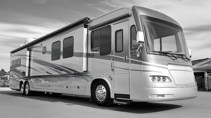 A Large, Modern, Sleek RV Parked On A Gray Surface