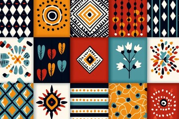 A vibrant collage of geometric and floral patterns featuring bright colors like orange, blue, and black, showcasing artistic creativity and design diversity.