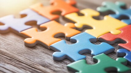 Fototapeta premium Colorful Jigsaw Puzzle Pieces on Wooden Surface, Symbolizing Problem Solving, Creativity, and Cognitive Development in Educational Activities and Game Design