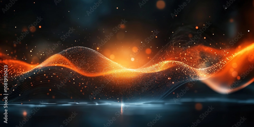 Poster abstract glowing waves of orange light with particles in a dark background, creating a sense of dept