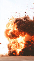 Abstract background with fiery explosions set. Glowing bomb explode throwing with dust clouds and sparks. Destruction burst with fire energy header on white. illustration background