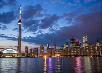 Obraz premium Stunning Toronto City Waterfront Skyline at Night with Illuminated Buildings and Reflections in Water, Showcasing a Vibrant Urban Atmosphere, Perfect for Travel and Cityscape Themes