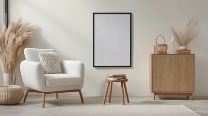 A cozy living space featuring a white armchair, wooden cabinet, small table, and decorative plants against a neutral wall.