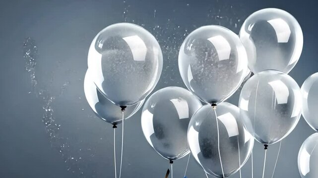 Balloons and confetti falling on a festive dark background with copy space, happy birthday party celebration