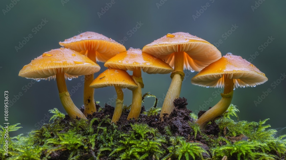 Poster a close-up view of vibrant orange mushrooms growing on a mossy surface in a lush forest environment 