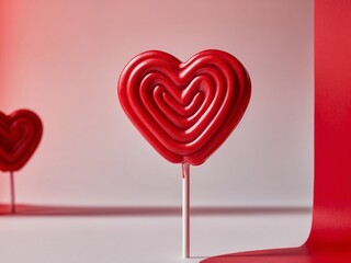red heart shape candy lollipop on red background with copy space.