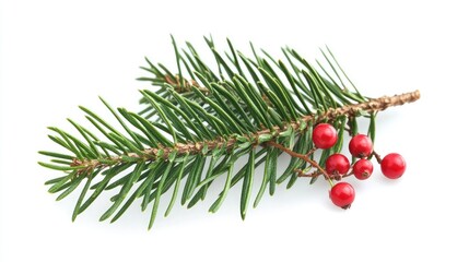 Blank Christmas card laid flat on a white background, with a sprig of green pine and a few small red berries arranged artistically for seasonal warmth.