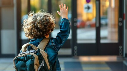 A child waves goodbye while leaving school in the afternoon sunlight