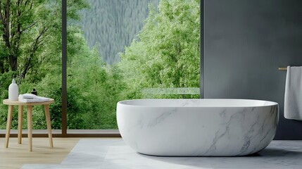 Freestanding marble tub with a view of nature, tranquil, serene