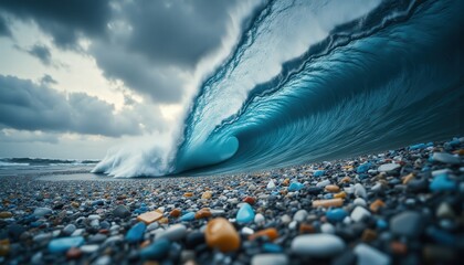 Ocean plastic cleanup. A stunning close-up of a crashing ocean wave, showcasing its vibrant blue hues and the texture of pebbled beach, under a dramatic, cloudy sky.