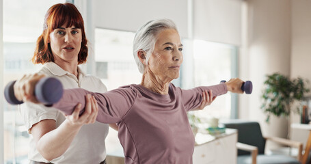 Stretching, physiotherapist and senior woman with weights for wellness, mobility and physical therapy. Healthcare, medical care and person with mature patient for strength, rehabilitation and support