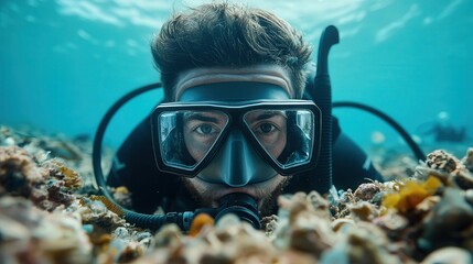 Ocean plastic cleanup. A diver explores a vibrant coral reef, showcasing marine life while equipped with scuba gear in clear blue waters.