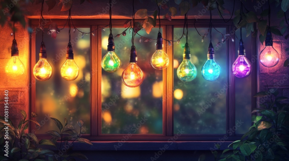 Poster colorful string lights hanging gracefully by a window, illuminating the evening with a warm and invi