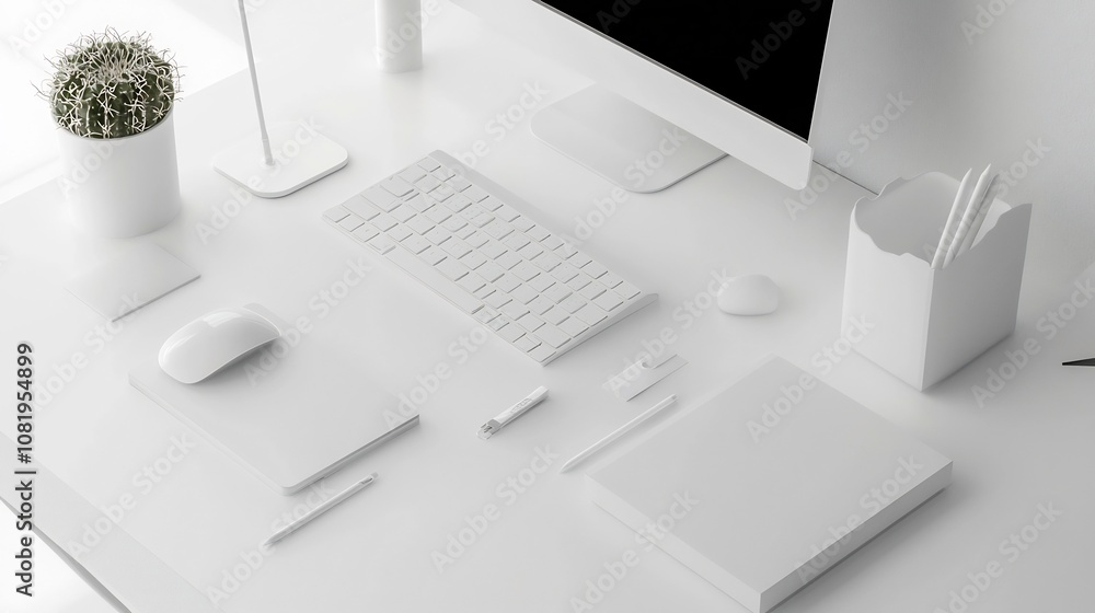 Poster minimalist workspace with modern branding mockup and interactive product display