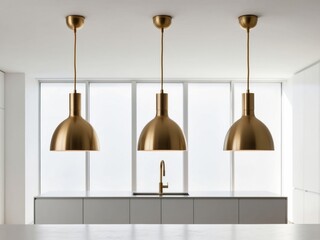 Obraz premium Three modern golden pendant lights hanging over a kitchen island with a large window in the background.