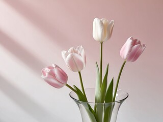 Three pink tulips in a vase on a pink background. © DEER FLUFFY