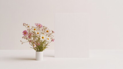 Blank greeting card beside a small, colorful bouquet of daisies on a white background, perfect for spring-themed or cheerful messages.