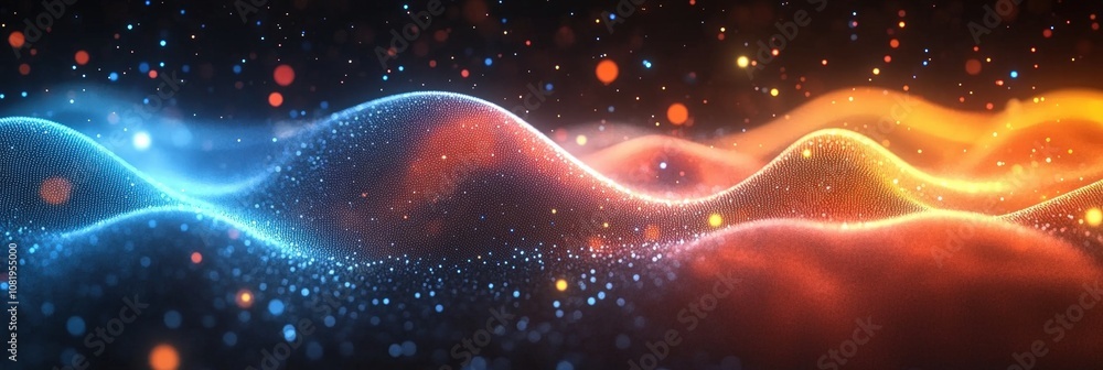 Poster abstract digital waves with bright glowing particles in blue and orange, creating a mesmerizing back