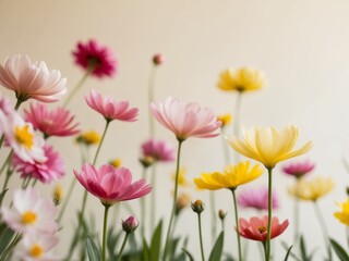 Fototapeta premium Vibrant Spring Garden with Pink and Yellow Flowers.
