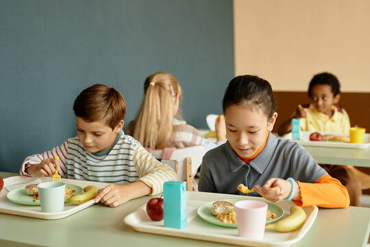 Young Asian girl and boy sitting together at table enjoying eating lunch in school cafeteria, copy space