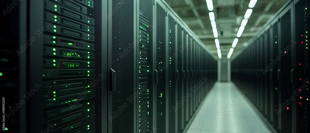 Poster rows of high-performance servers illuminate the data center, supporting the infrastructure that enab