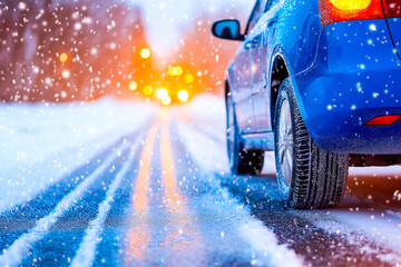 A blue car navigates a snowy road during a winter storm as heavy snowfall reduces visibility in the evening light