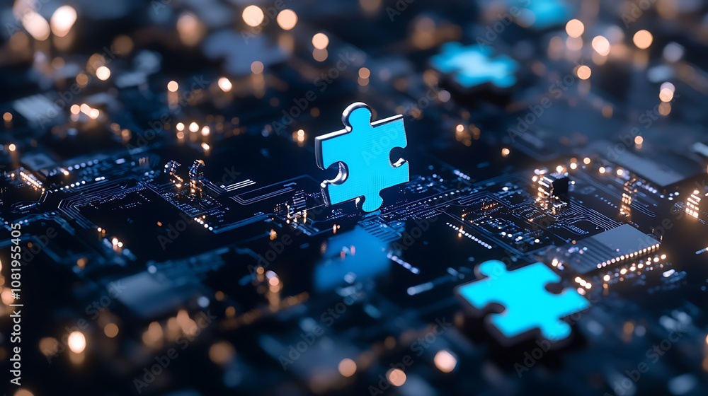 Aufkleber discover the connection between technology and innovation with a puzzle piece on a circuit board
