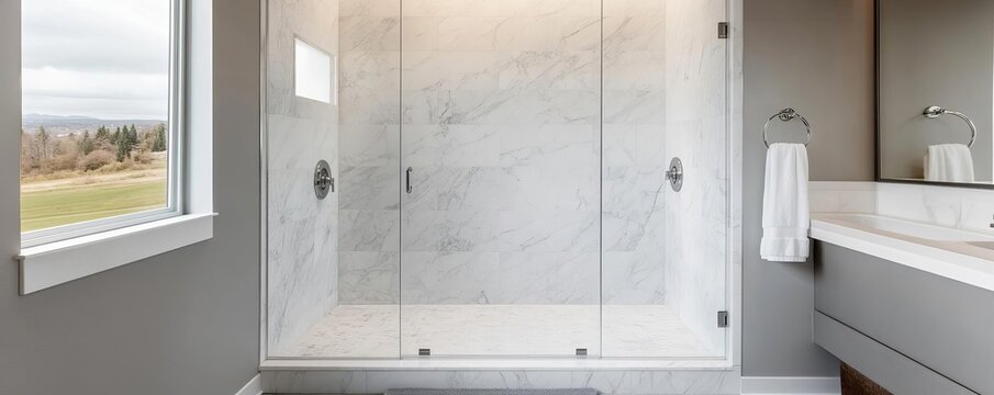Large walk-in marble shower with frameless glass doors, spacious, contemporary
