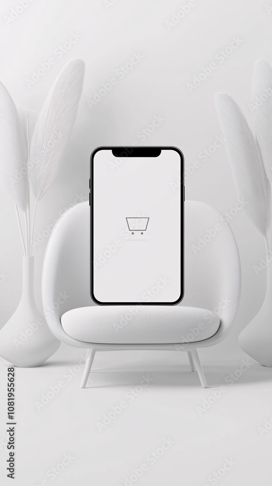 Poster realistic smartphone mockup displaying an e-commerce app, on a light gray surface with subtle lighti
