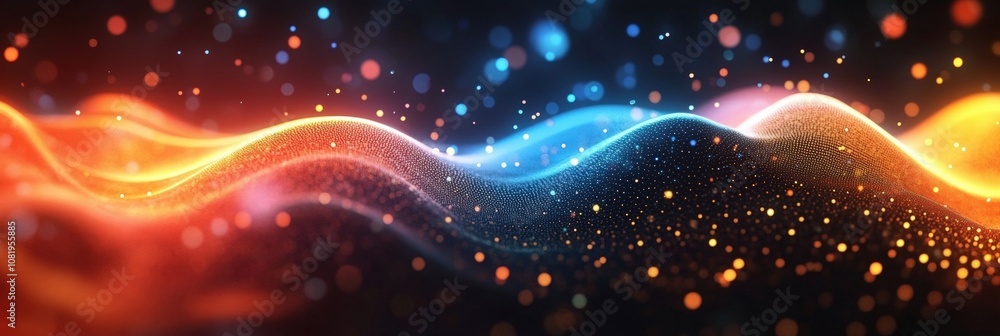 Poster abstract vibrant waves of colorful light with sparkling particles creating a dynamic and energetic b