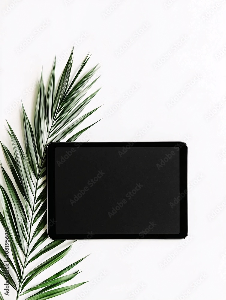 Poster elegant tablet mockup showing a portfolio interface, positioned on a minimalistic desk setup with st
