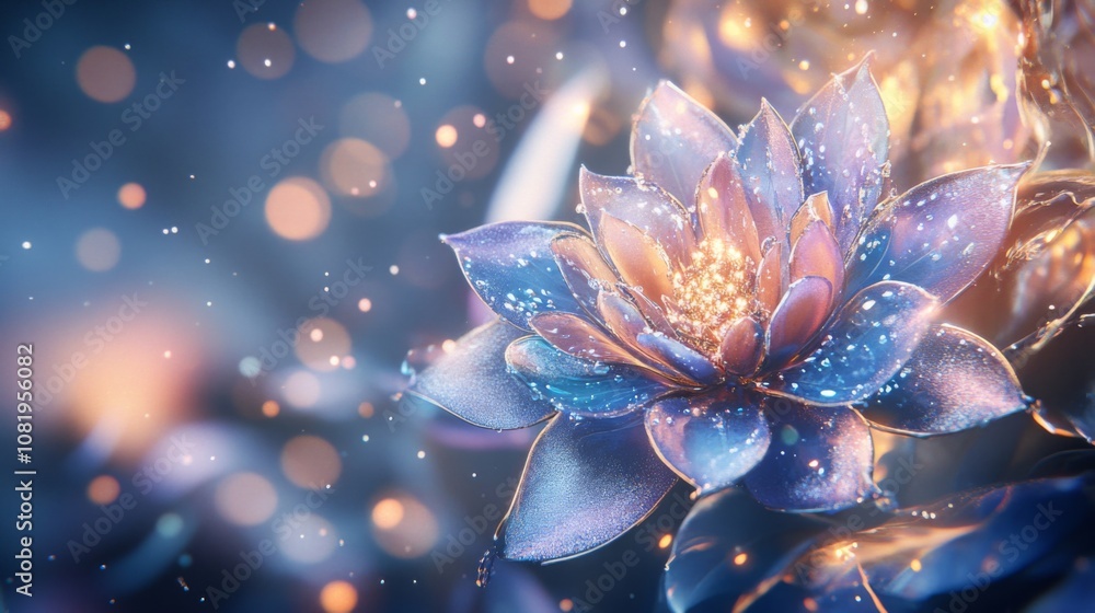 Poster stunning close-up of ethereal lotus flower with artistic bokeh effect and shimmering water droplets 