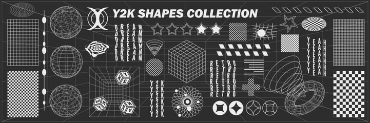 Abstract geometry hud wireframe shapes and patterns, cyberpunk elements, icon s and perspective grid s. Surreal geometric signs. Rave psychedelic futuristic Y2k acid aesthetic set. Vector illustration