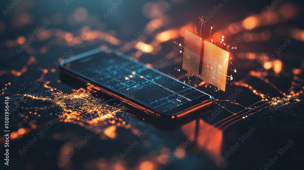 Leinwandbilder futuristic smartphone with digital components, data visualization, and network connections against a