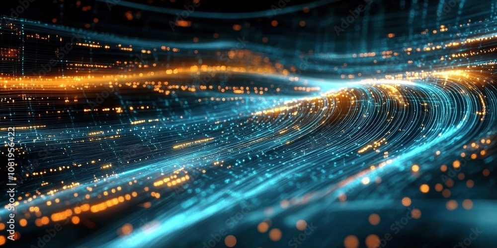 Poster abstract colorful light trails in dark background, representing fast motion, technology, and data fl