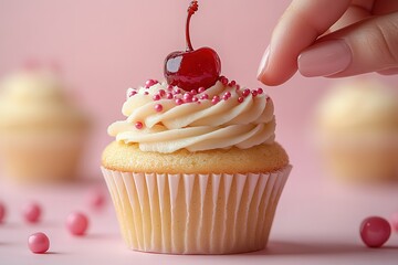 A cupcake with a cherry on top and pink sprinkles