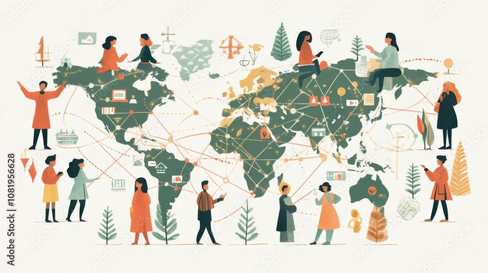 Aufkleber illustration depicting global connections through diverse people engaging in various activities on a