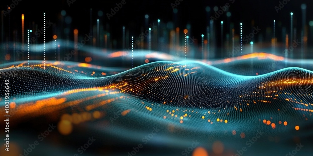 Poster abstract representation of flowing waves with glowing dots and lines, showcasing a digital landscape