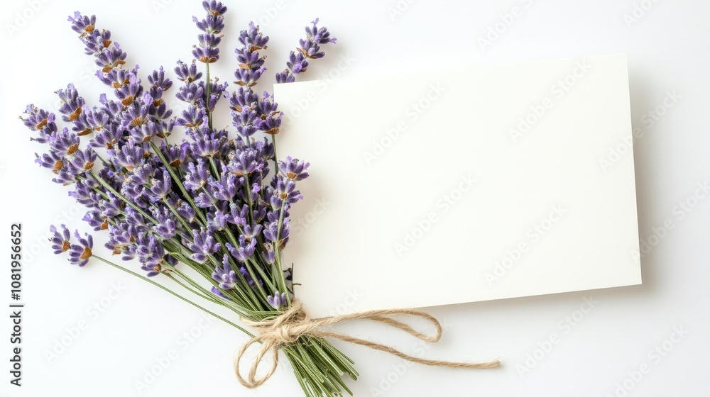 Fototapete Elegant blank greeting card on a seamless white background with a delicate bouquet of lavender tied with twine for a rustic touch.