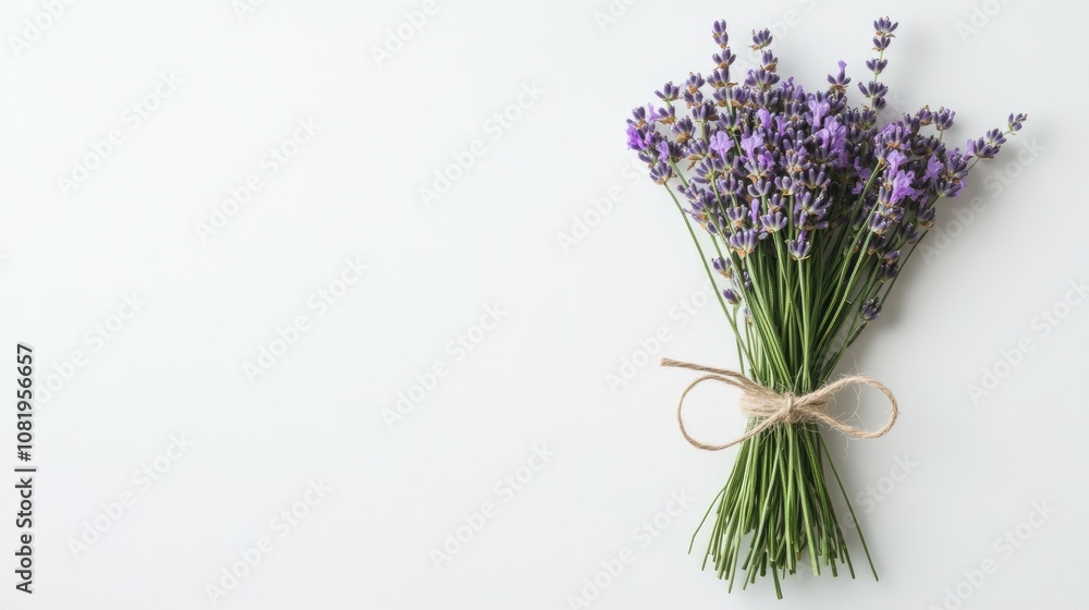 Fototapete elegant blank greeting card on a seamless white background with a delicate bouquet of lavender tied 