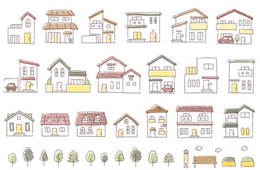 住宅・建物の手描きベクターイラスト（白背景）