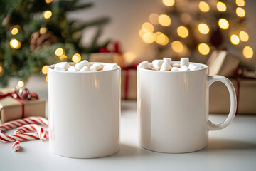 White ceramic tea mug mockup with Santa toy, winter x-mas decorations and copy space for your imprint. Front view 10oz cup background for Christmas promotional content
