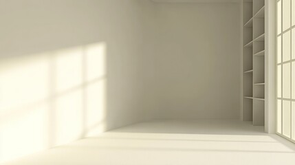 Fototapeta premium Bright, minimalistic room with natural light and shelves.