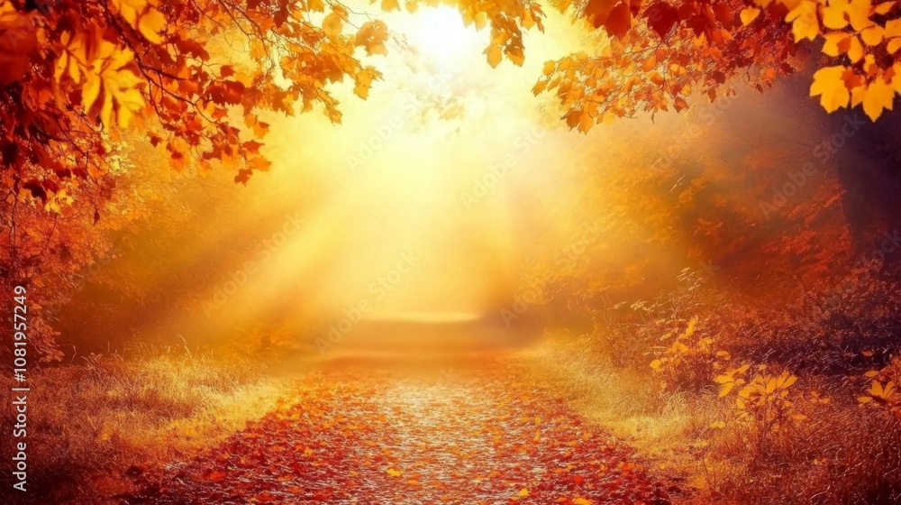 Poster tranquil autumn pathway through vibrant orange leaves with soft sunlight filtering over scenic trail